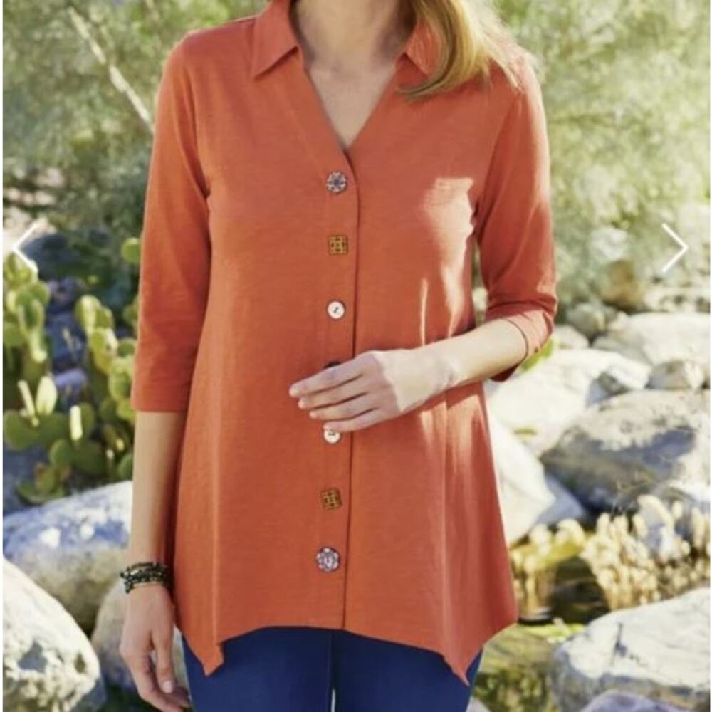 Soft Surroundings Danielle Whimsy Orange Button Asymmetric Hem Collared Shirt M